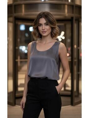 VINCE Women’s Gorgeous Satin Scoop Neck Tank In Charcoal Ombré-Size 4
